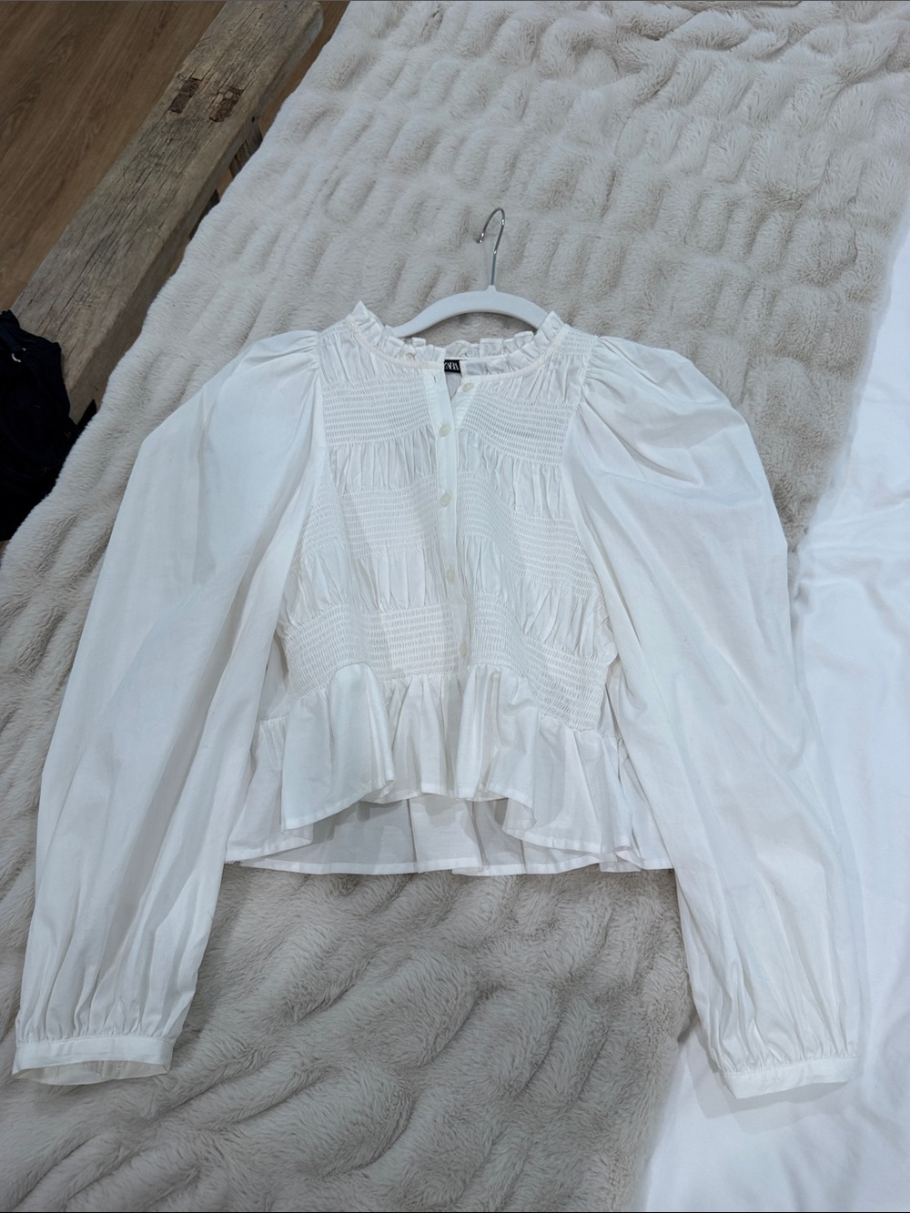 Zara White Smocked Peplum Blouse - Feminine Puff Sleeve Top